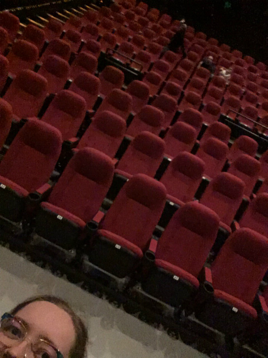A photo of the inside of a movie theatre. It's completely empty, except for three people in the background and one in the foreground.